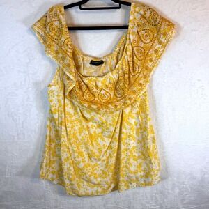 Lane Bryant Blouse Floral Ruffle Eyelet 26/28 Yellow Plus Size Womens
